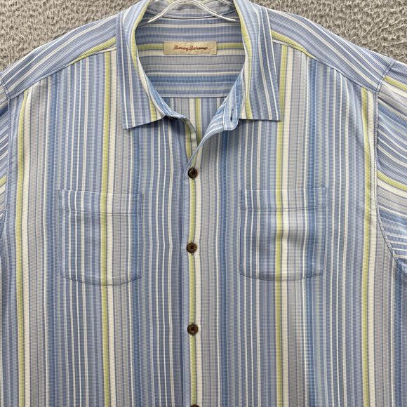 Tommy Bahama XL Blue Stripped 100% Silk Hawaiian Short Sleeve Button Down Men's - Picture 3 of 10